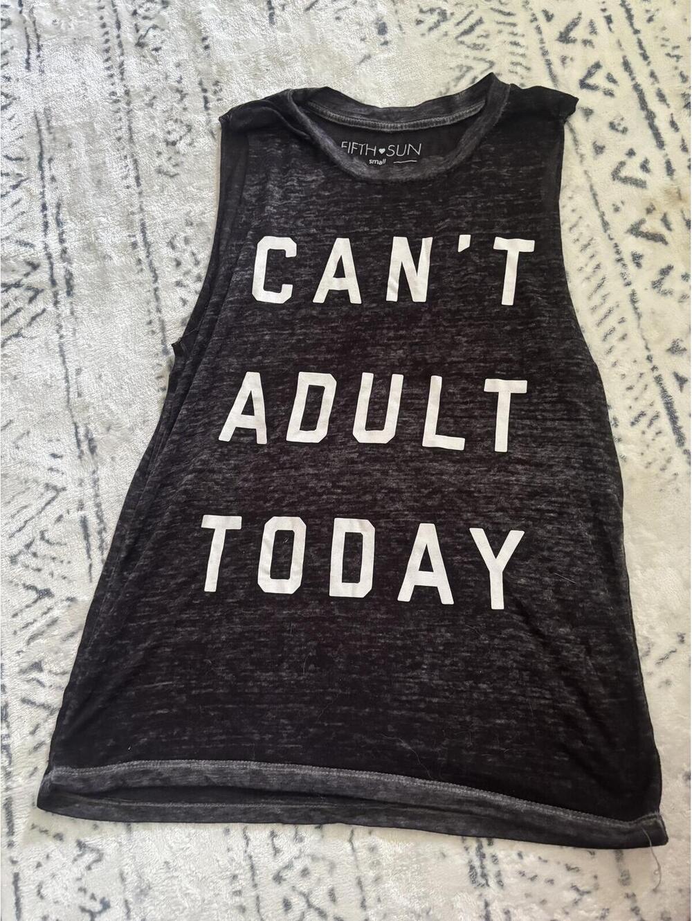 Fifth Sun Black Sleeveless Tank Top with 'Can't Adult Today' Print, Small